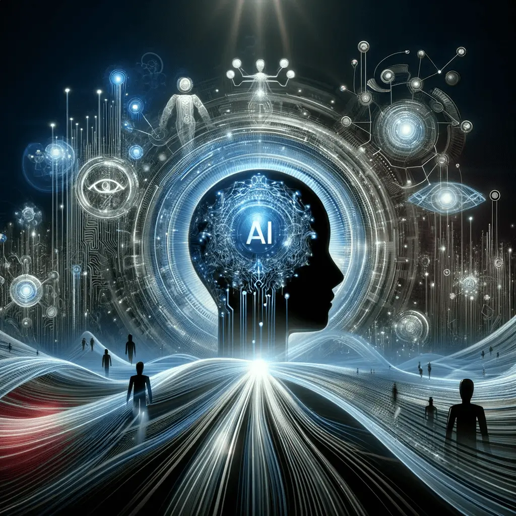 Representação visual da evolução da inteligência artificial e seu impacto no futuro